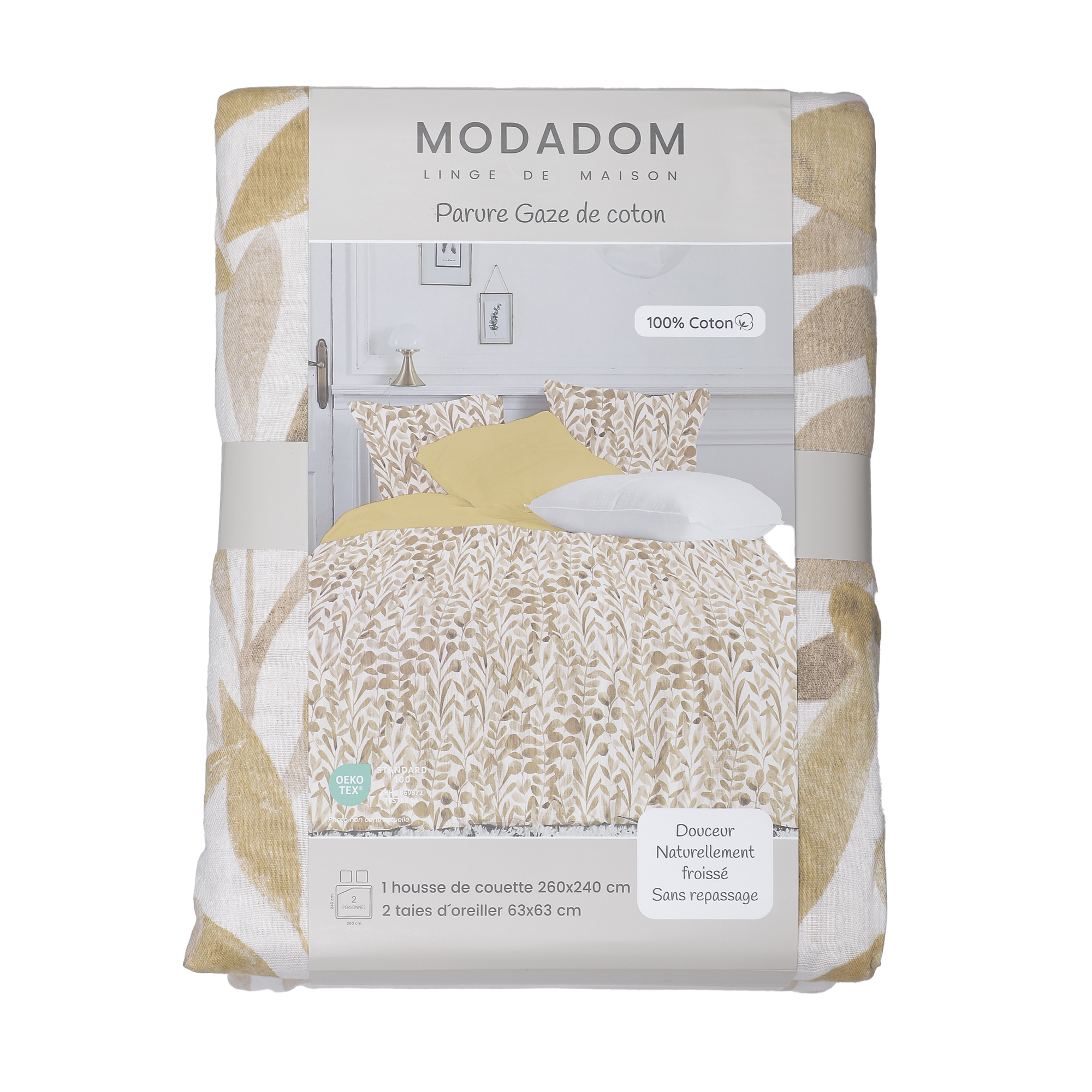 Parure housse de couette 260x240 cm +2 taies d'oreillers 63x63 cm gaze de coton  - Bleu
