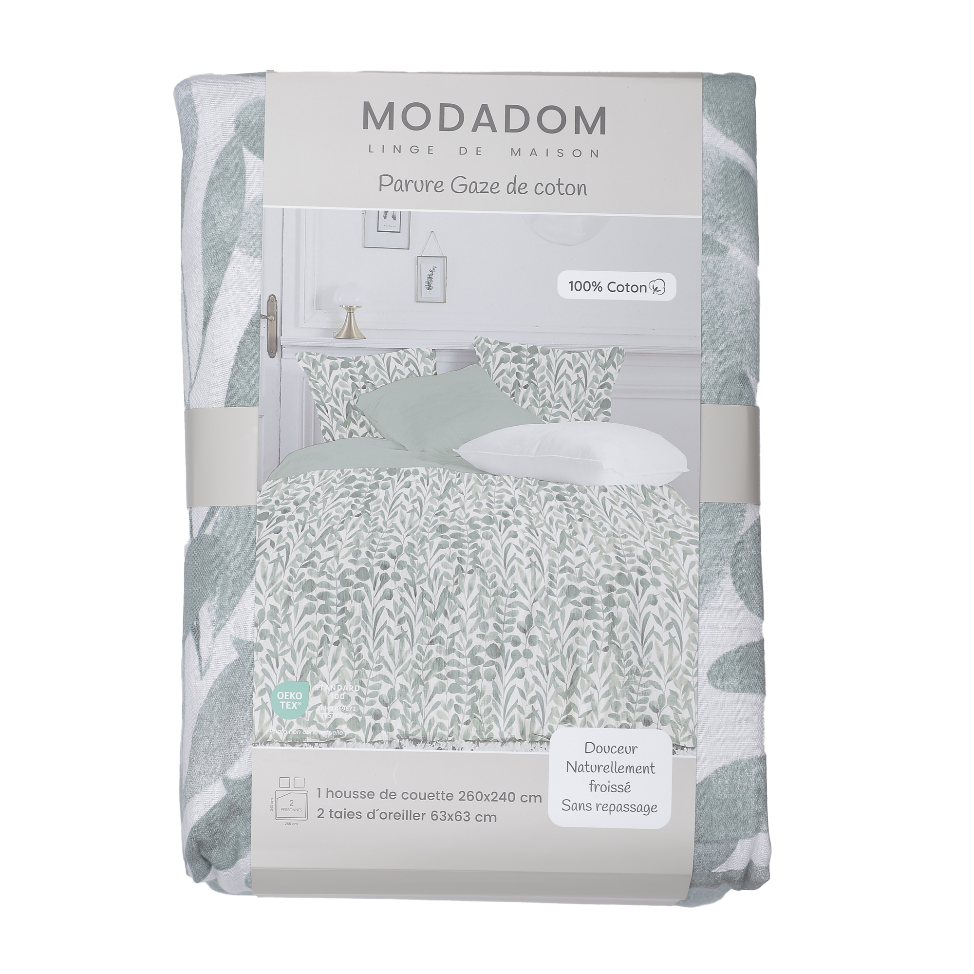 Parure housse de couette 260x240 cm +2 taies d'oreillers 63x63 cm gaze de coton  - Gris