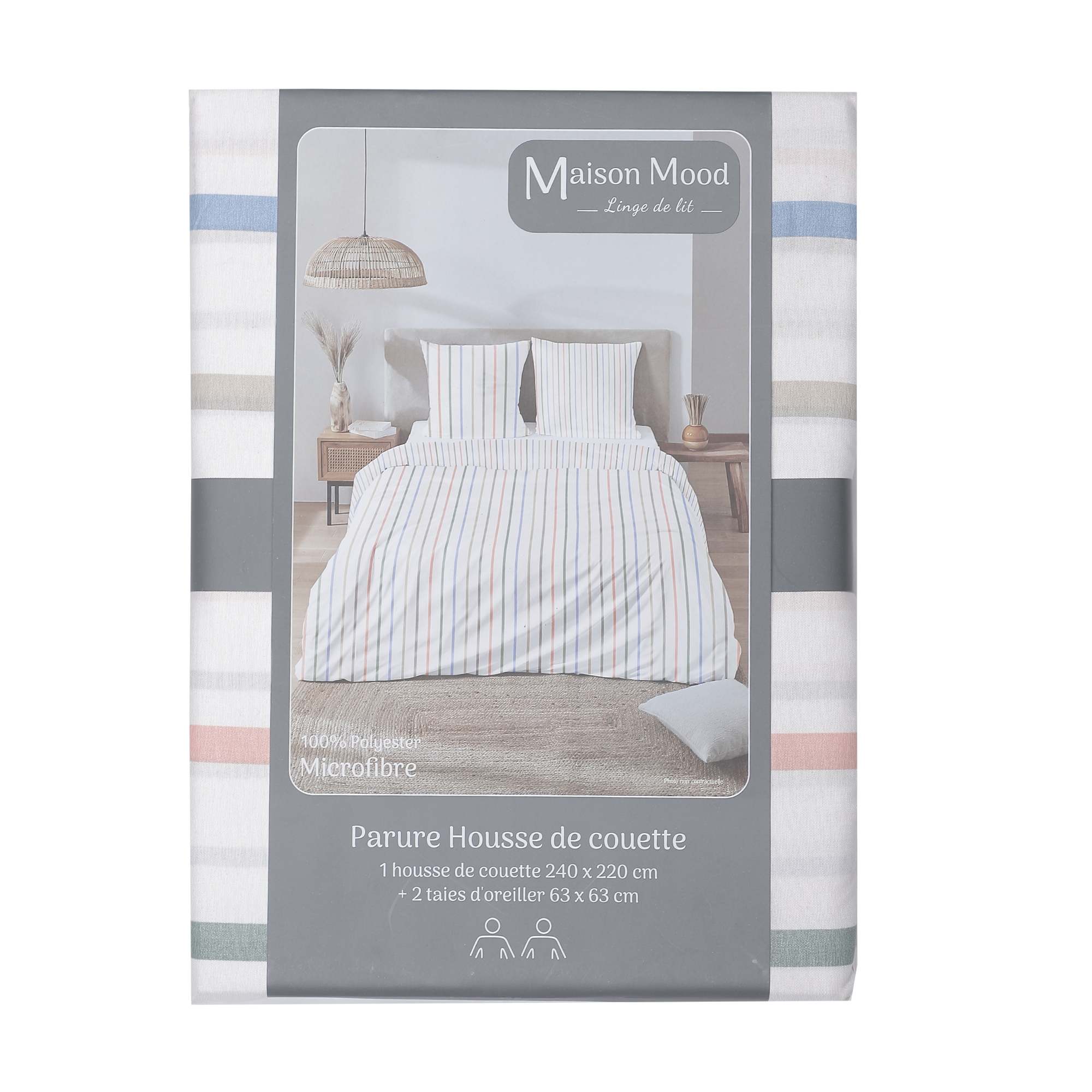 Parure microfibre housse de couette 2 personnes 240x220 cm + 2 taies d'oreillers 63x63 cm  - Multicolore