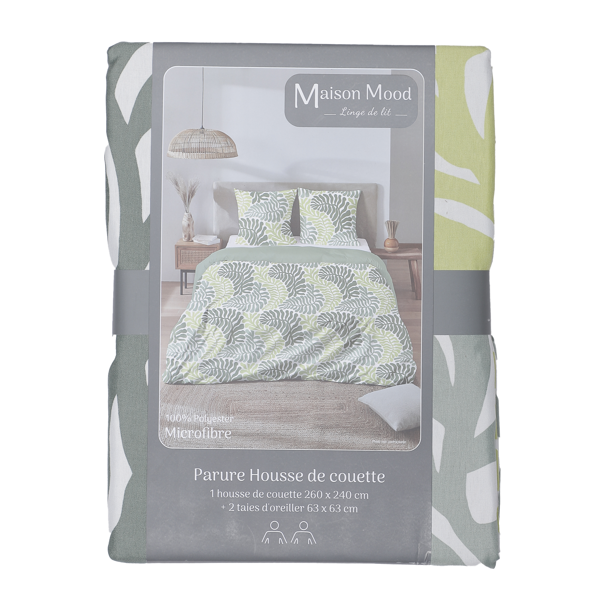 Parure microfibre housse de couette 2 personnes 260x240 cm + 2 taies d'oreillers 63x63 cm  - Vert