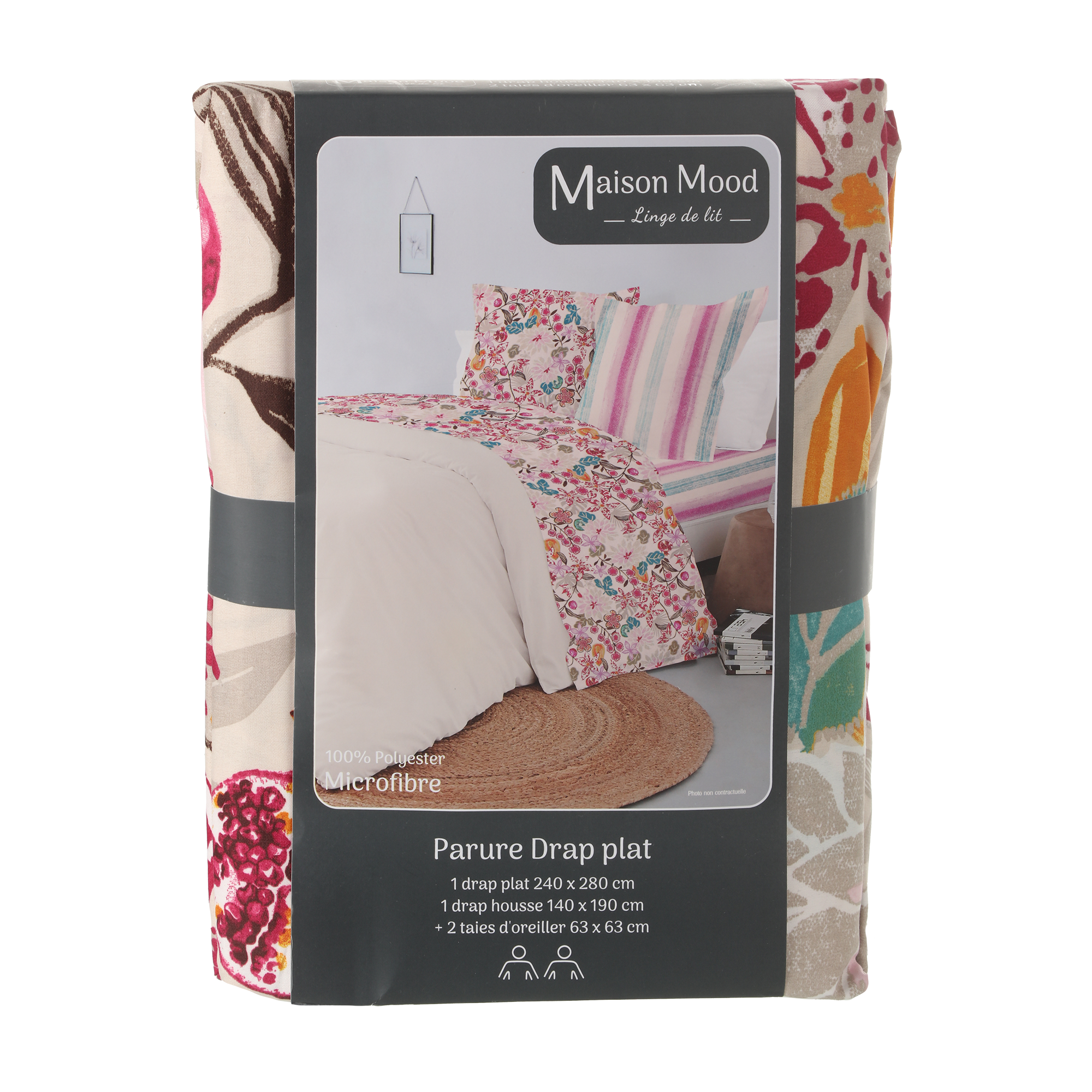 Parure drap plat 240x280cm, drap housse 140x190 cm polyester microfibre  - Beige