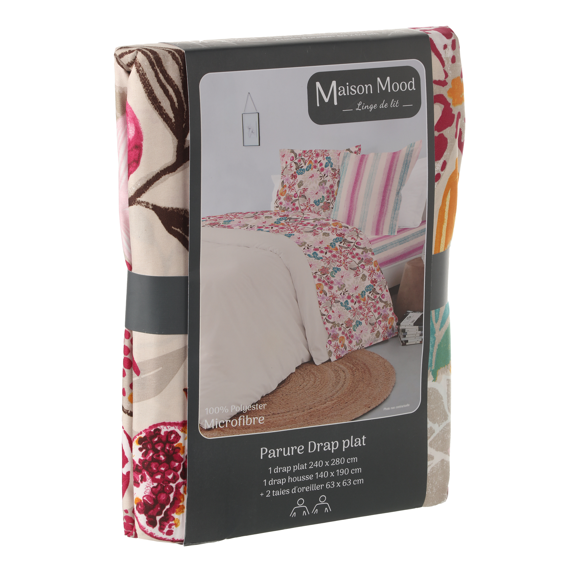 Parure drap plat 240x280cm, drap housse 140x190 cm polyester microfibre  - Rose