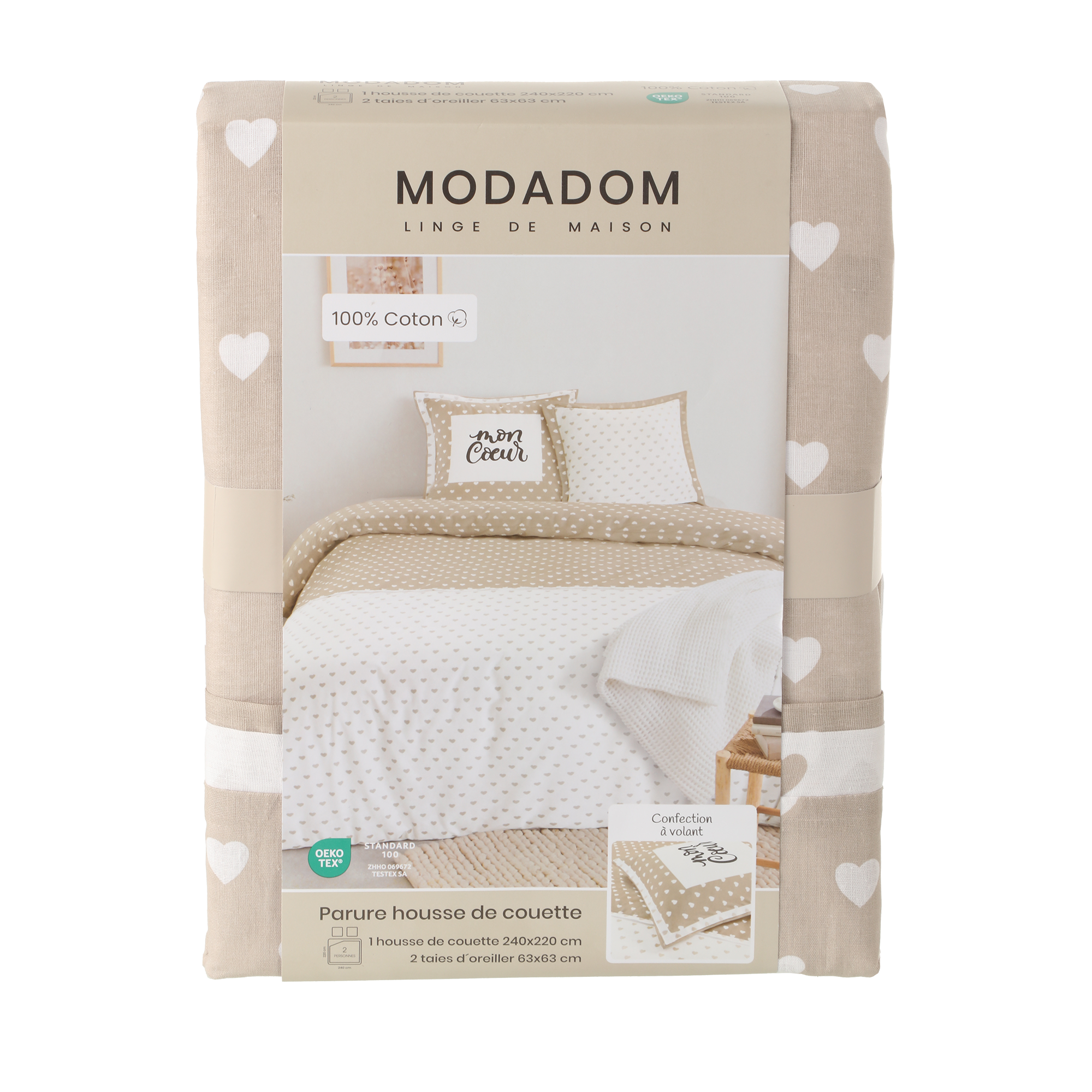 Parure housse de couette confection 240x220 cm + 2 taies d'oreillers 63x63 cm  - Blanc