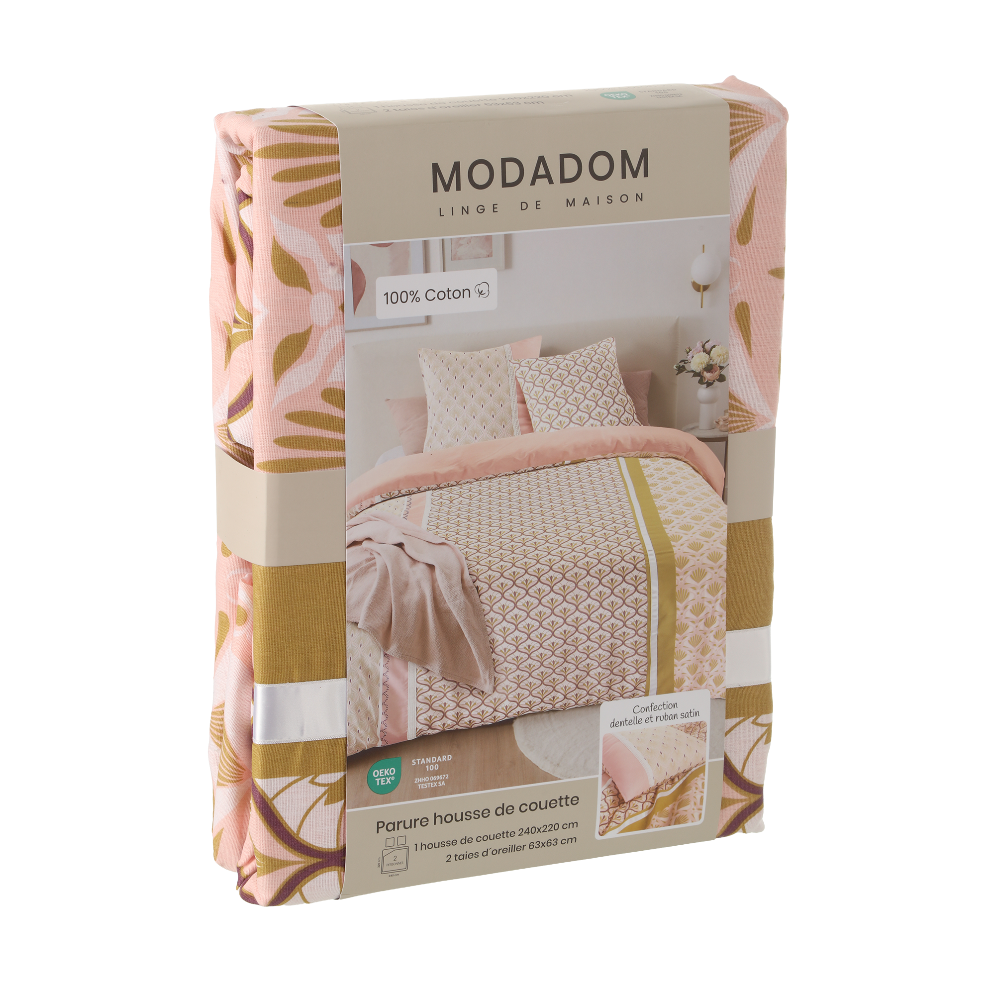Parure housse de couette confection 240x220 cm + 2 taies d'oreillers 63x63 cm  - Rose