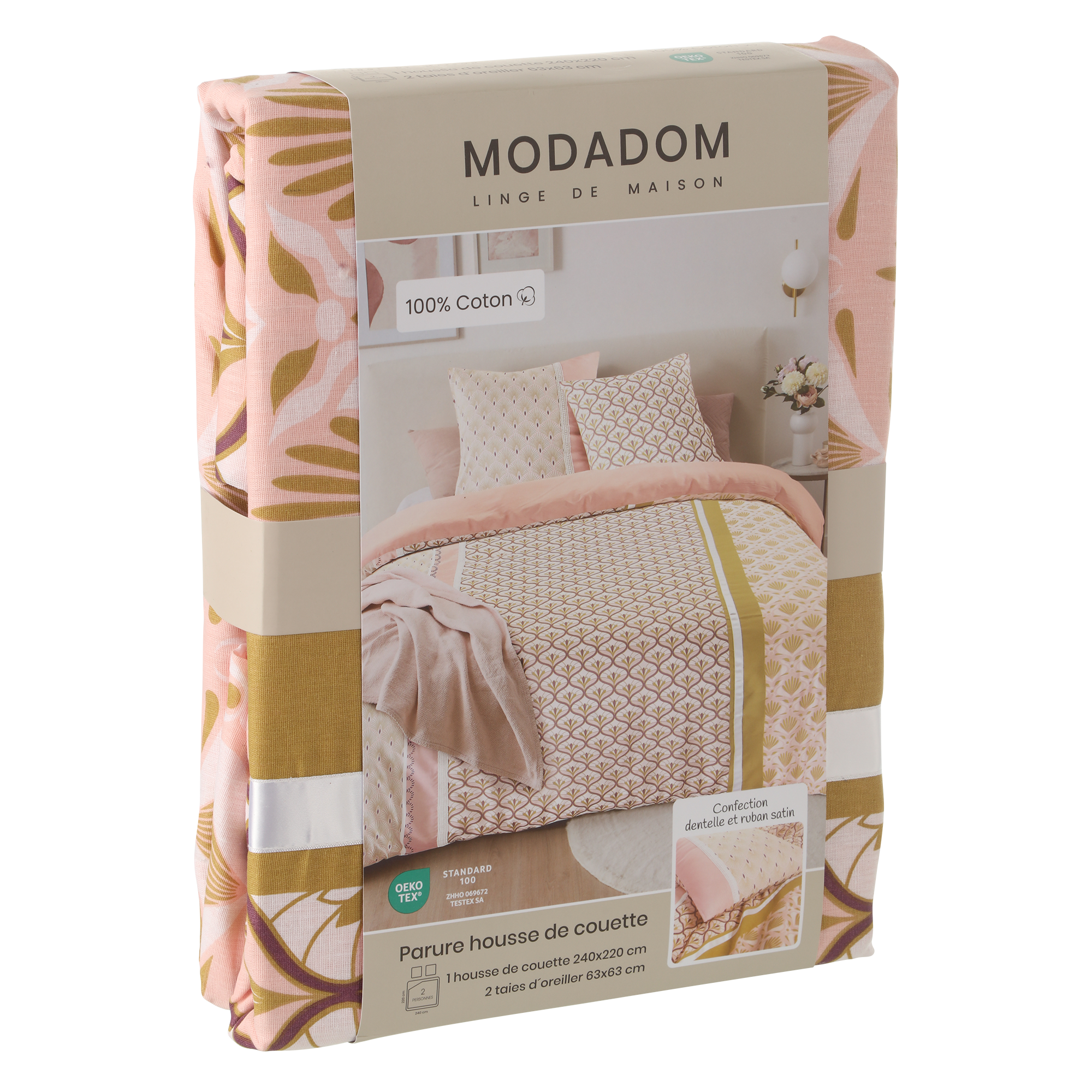 Parure housse de couette confection 260x240 cm + 2 Taies d'oreillers 63x63cm  - Rose