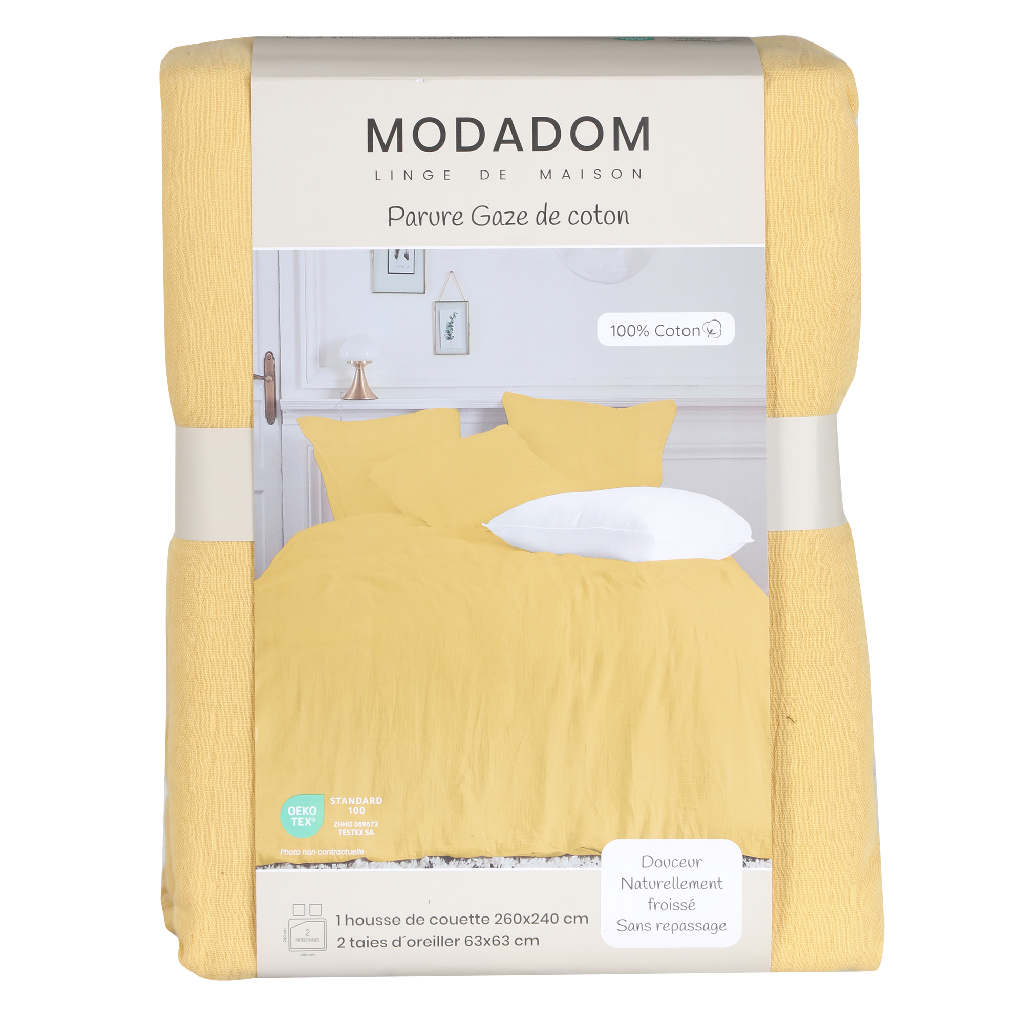 Parure housse de couette gaze de coton ocre 220x240 cm + 2 taies d'oreillers 63x63 cm