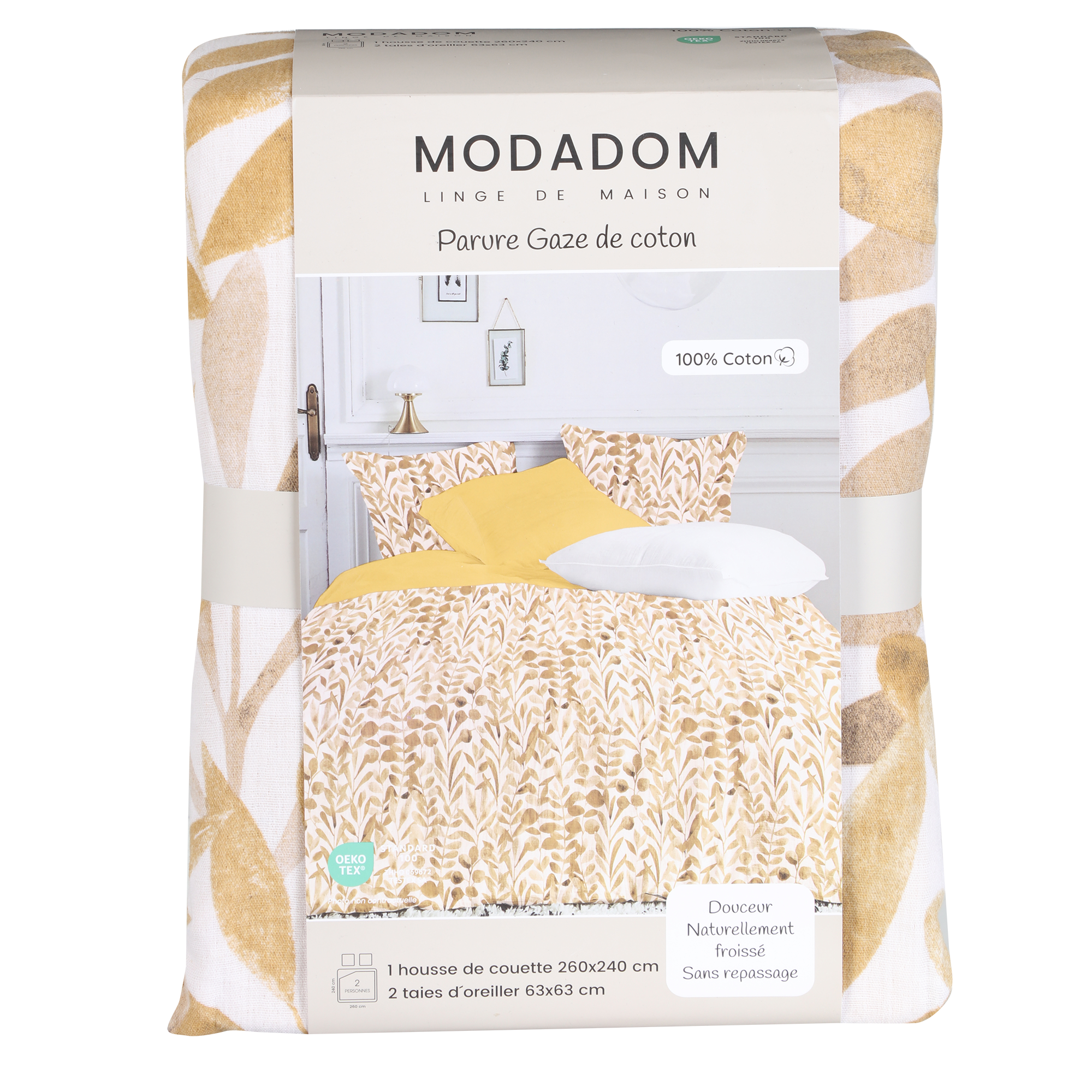 Parure housse de couette 240x220 cm + 2 taies d'oreillers 63x63 cm Gaze de coton  - Jaune