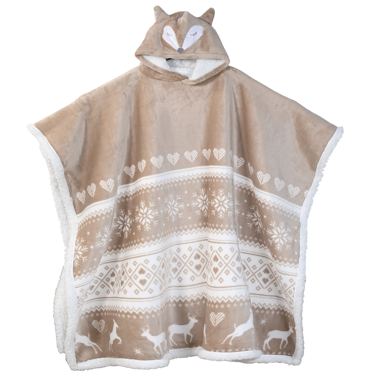 Poncho Noël double sherpa tête de renard 180x124 cm