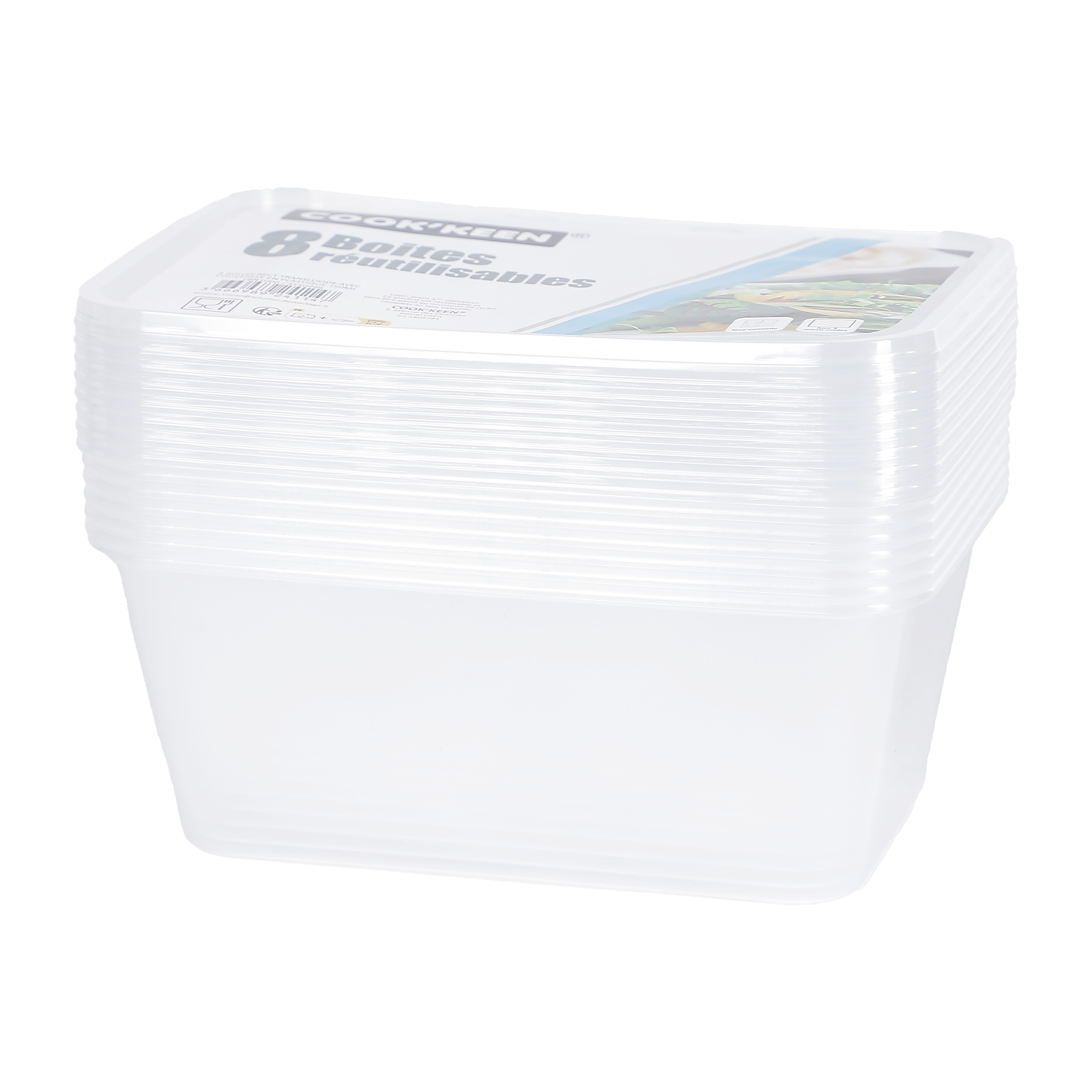 8 boîtes rectangulaires translucide avec couvercle en plastique 750 ml