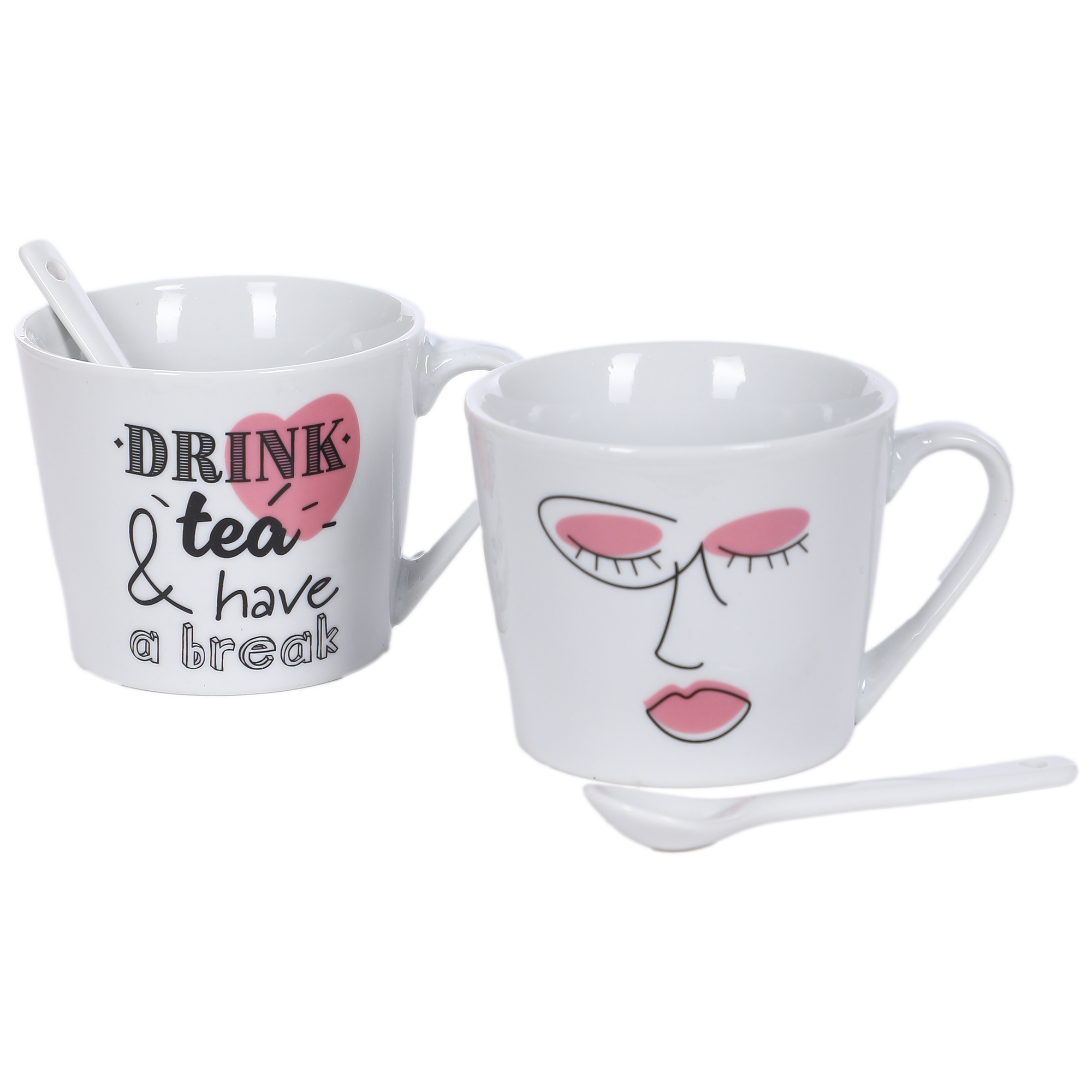 2 MUGS 8X10.5CM+ 2 CUILLERES 2.3X9.5CM EN CERAMIQUE