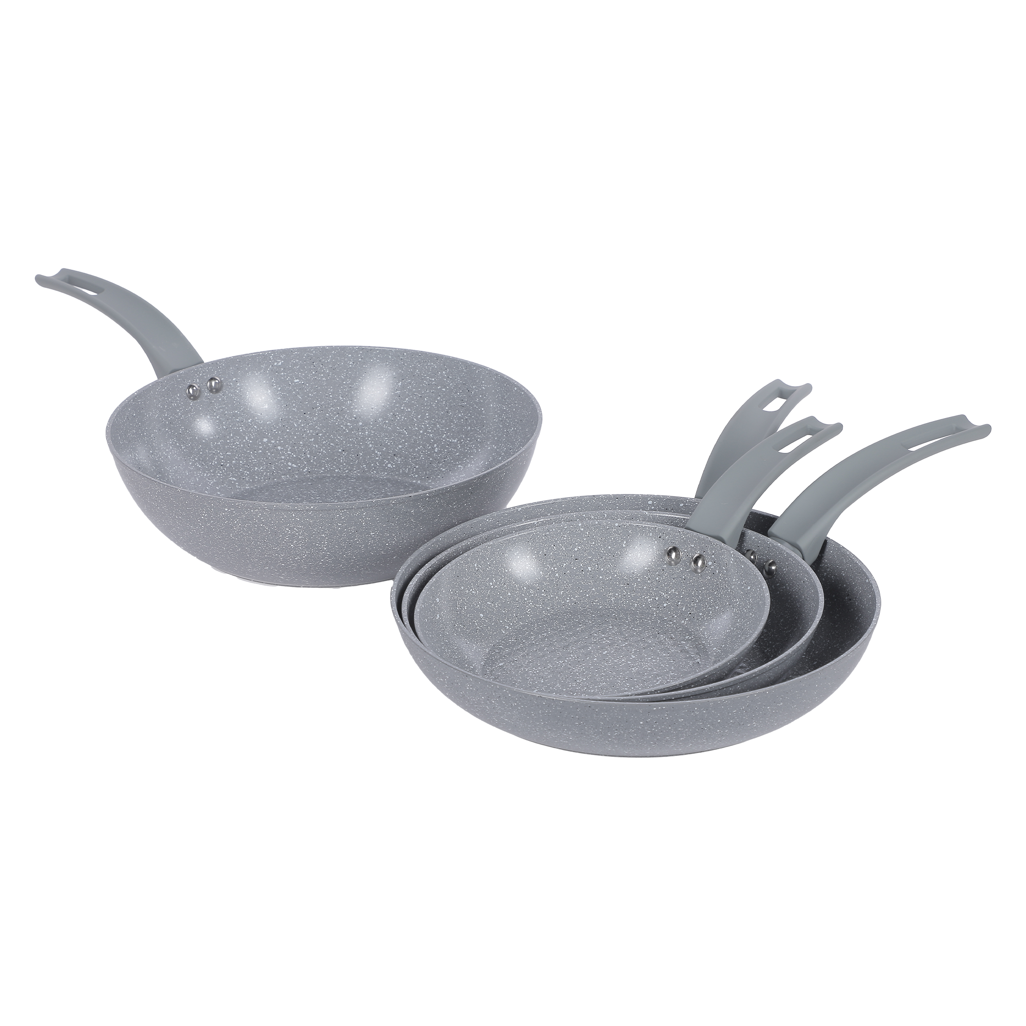 3 Poêles 20-24-28 cm + Wok 28 cm marbré gris