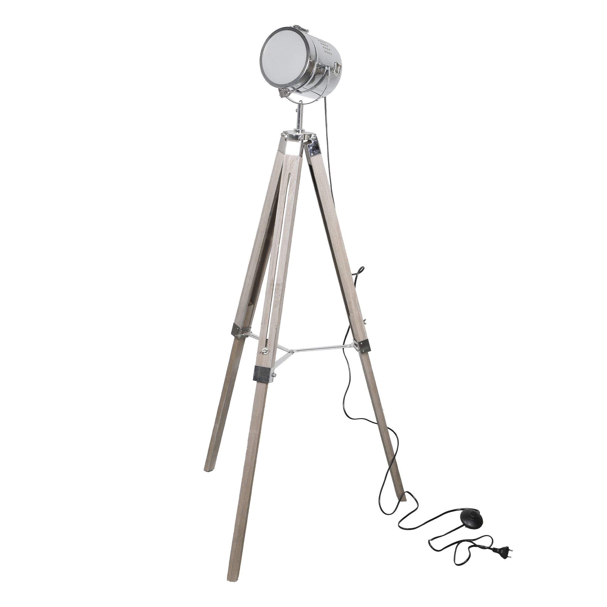 Lampadaire projecteur sur trépied avec base en bois