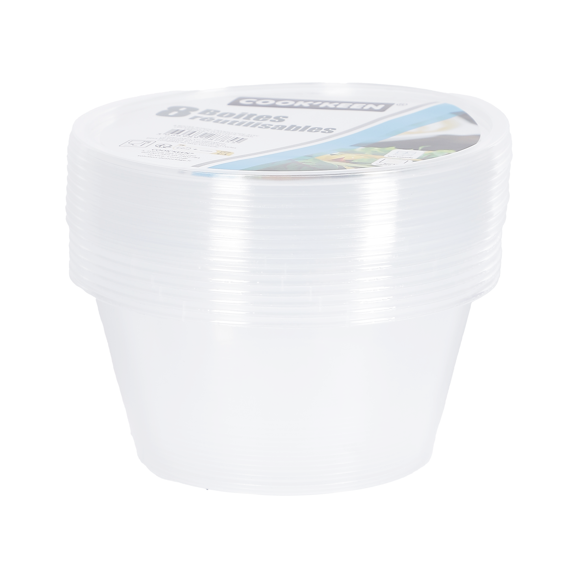 8 boîtes rondes translucide avec couvercle en plastique 750 ml
