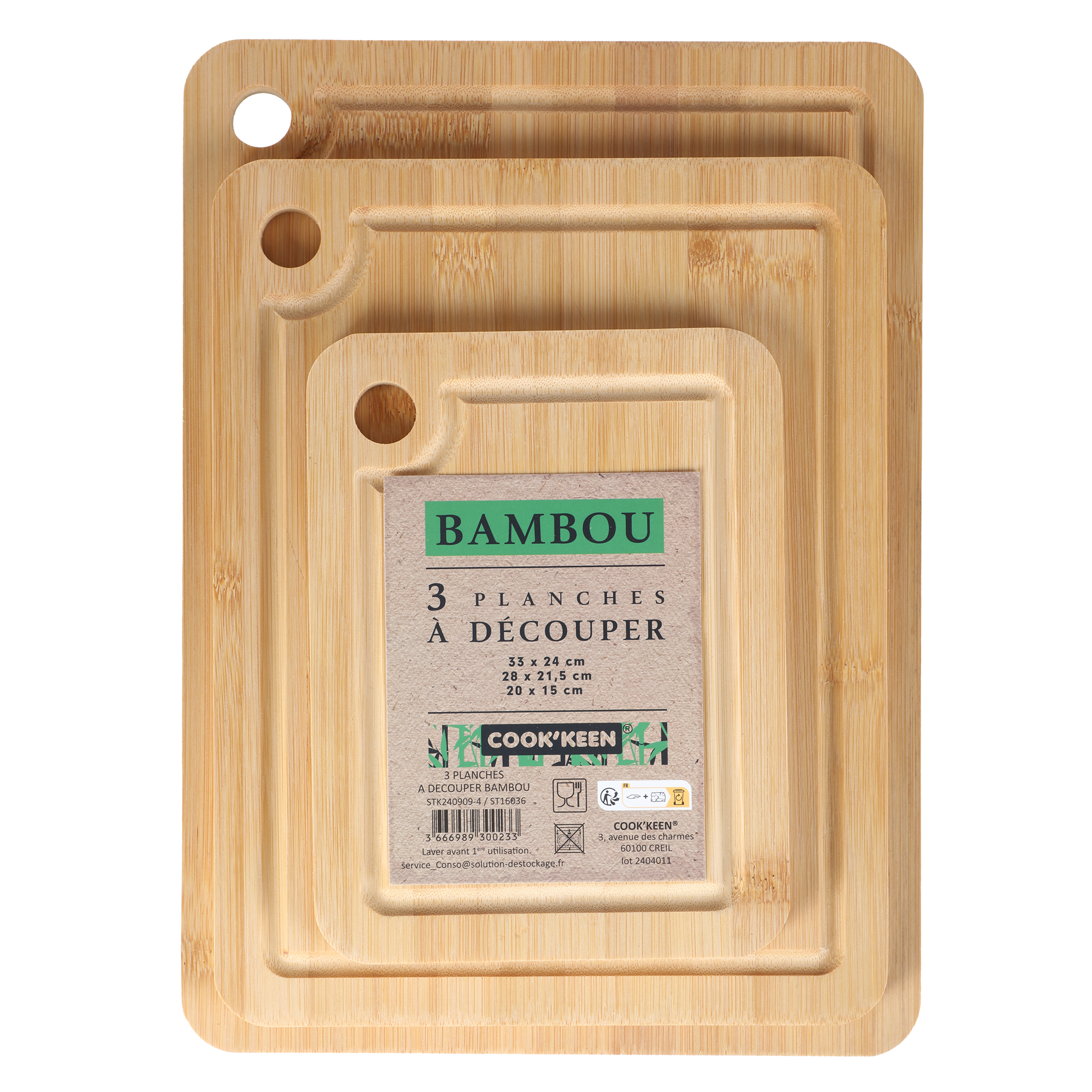 ENS 3 PLANCHES A DECOUPER EN BAMBOU 33X24CM,28X21.5CM,20X15CM