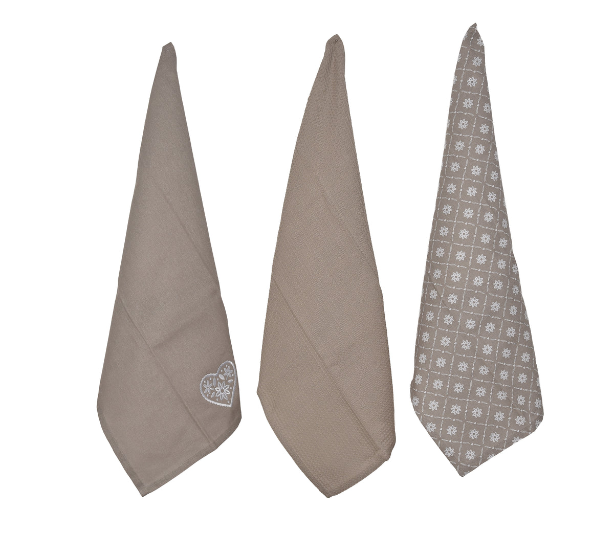 Lot de 3 torchons brodés cœur Déclic Home 100 % coton – 45 × 65 cm - Marron