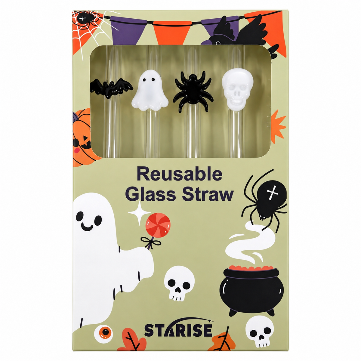 Pailles en verre décor Halloween Cook Keen avec brosse – 4 pièces