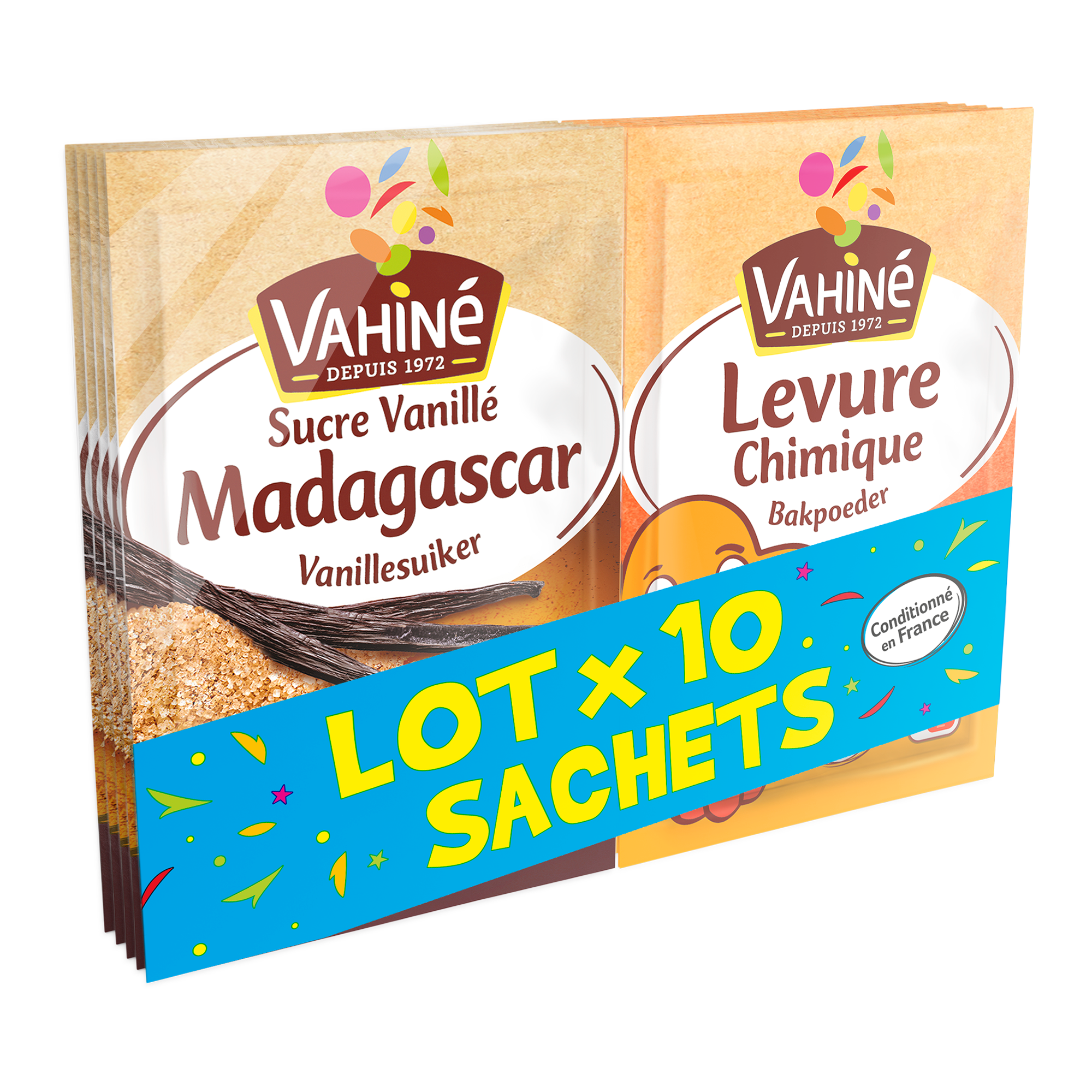 Lot de 5 sachets de sucre vanillé Madagascar + 5 sachets de levure chimique