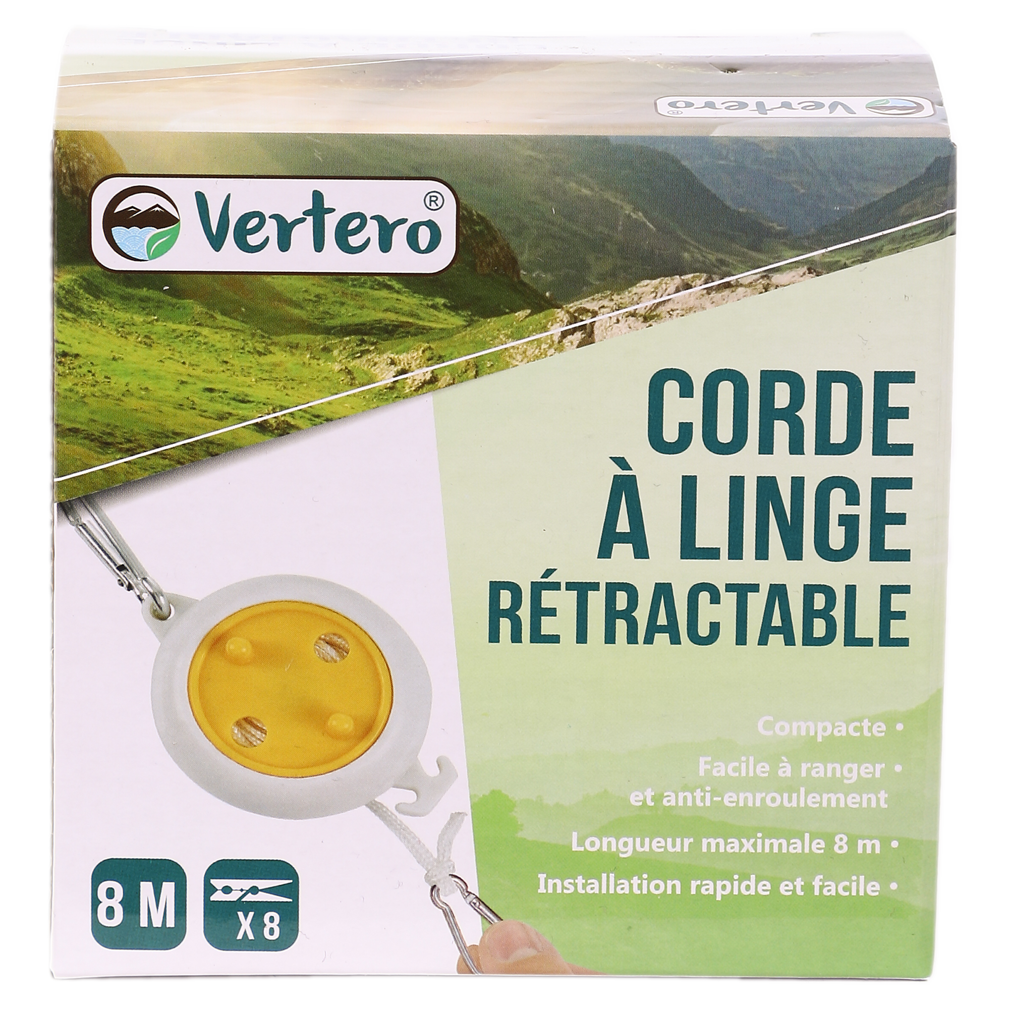 Corde à linge rétractable 8m et 8 pinces
